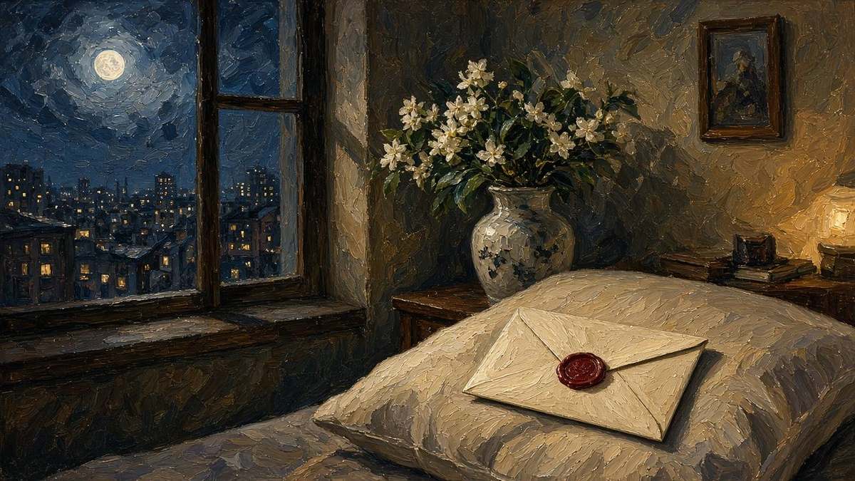 Oil painting 16:9: sealed cream envelope on pillow in small apartment, city night window, subtle jasmine vase, cinematic oil
