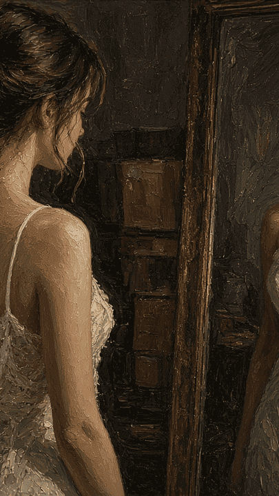 Oil painting 9:16: woman in ivory lace slip in dim stockroom mirror, soft glow, elegant mysterious oil portrait