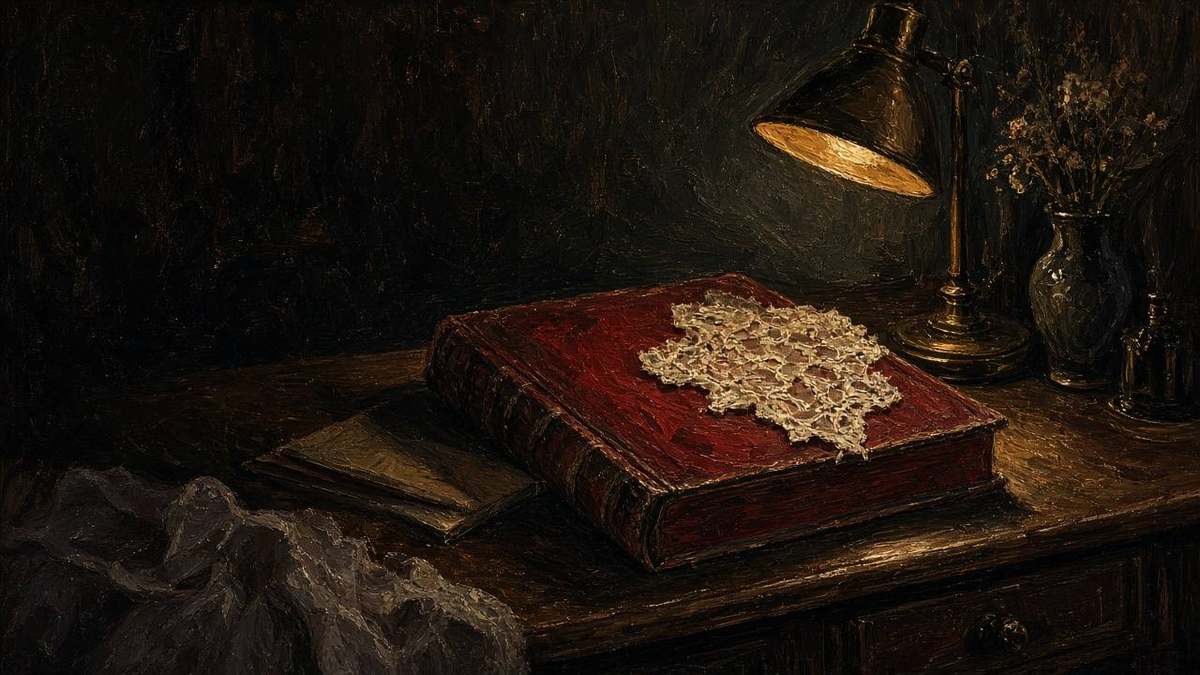 Oil painting 16:9: antique red ledger with lace scrap on cover, desk lamp, deep shadows, painterly