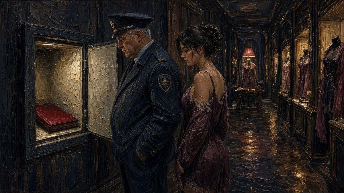 Oil painting 16:9: night security guard and woman by open safe with red ledger, boutique corridor, tense soft light