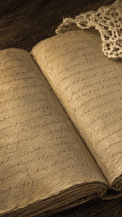 Oil painting 9:16: vintage handwritten journal page with lace, warm lamp, intimate documentary oil feel
