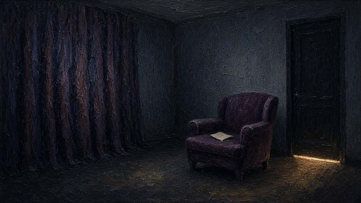 Oil painting 16:9: empty fitting room after blackout, single note on velvet chair, dawn seeping under door