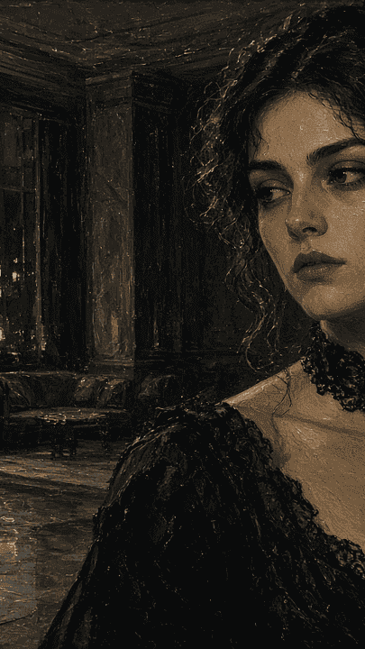 Oil painting 9:16: woman wearing black lace choker in empty lobby night, elegant tense portrait oil