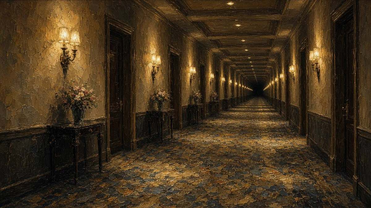 Oil painting 16:9: hotel corridor floor 12 all lights on at once, vanishing perspective, cinematic oil