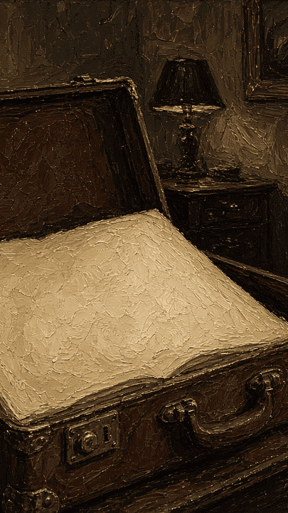 Oil painting 9:16: open antique suitcase and blank journal last page, hotel room night, oil texture